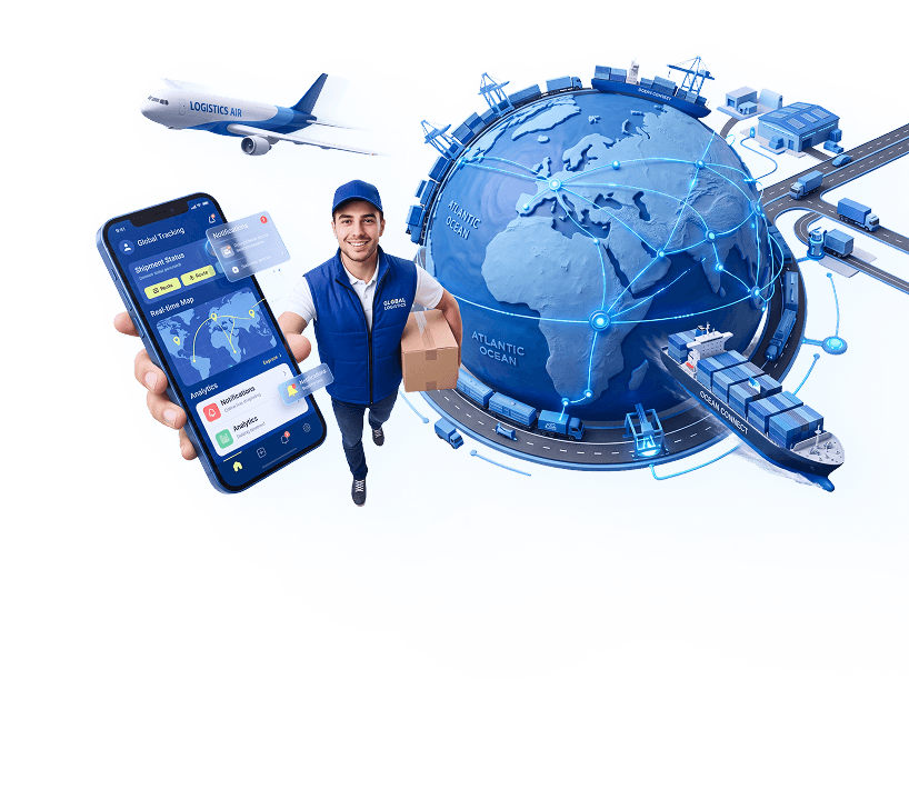 DK Bazar delivery agent holding a phone showing live shipment tracking, next to a globe of the China-to-Bangladesh logistics network