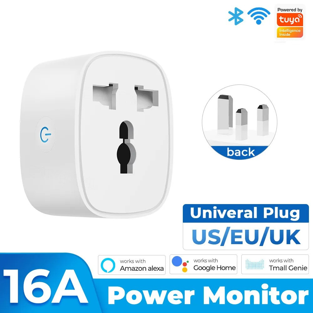 SmartPlug by Tuya: WiFi-Controlled Smart Socket with UK, EU, US, and Universal Standards - 16A, Remote App Control, Voice Activation, and Timer Functionality
